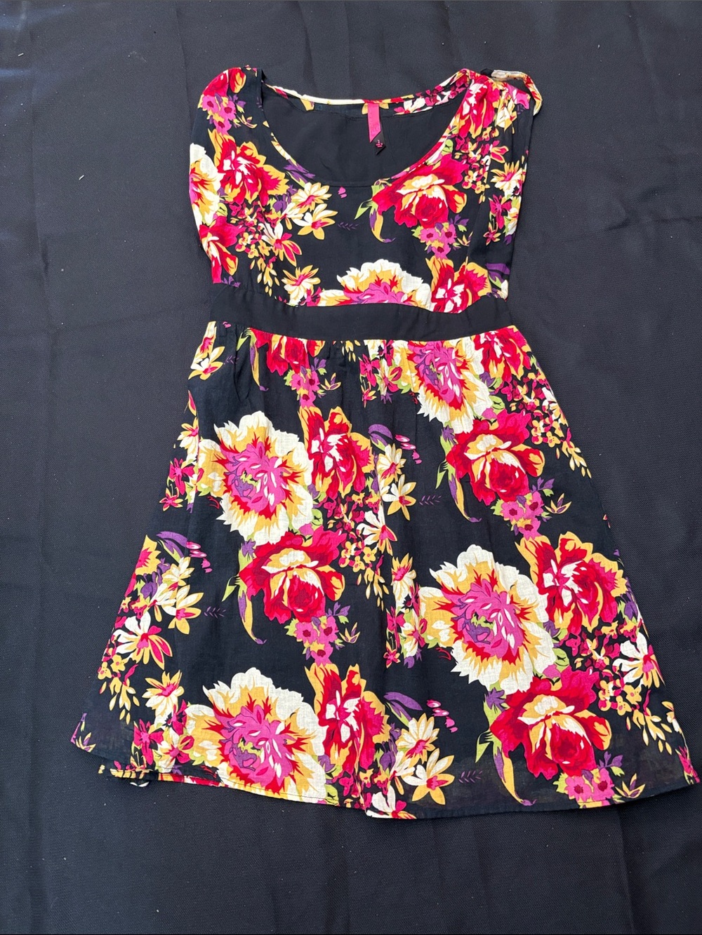 Pure Energy Black Midi Dress with Pink, Red & Yellow Floral Pattern
